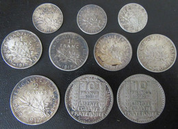 France - 10 Monnaies En Argent - 50 Cts, 1 Et 2 Francs Semeuse + 10 Francs Turin - 1915 à 1932 - Collections