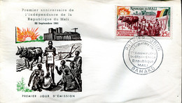 Mali 1961 - FDC 1er Anniversaire De L'Indépendance République Du Mali - Bamako 22 Septembre 1961 - Mali (1959-...)