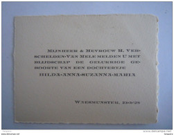 Geboortekaartje Faire Part Naissance Hilda-Anna-Suzanna-Maria Verschelden Waesmunster 1928 - Naissance & Baptême