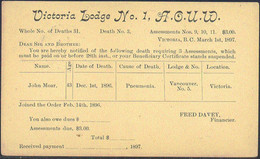 CANADA(1897) Death Notice. Postal Card Of Victoria Lodge No 1, A.O.U.W. With Listing On Back Of Member Death Pneumonia - 1860-1899 Règne De Victoria