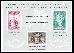 BELGIUM(1959) Stamp Day. Deluxe Proof (LX28) Of 3 Values On Card. Scott Nos 504,516,530. Yvert Nos 1011,11-046,1103. - Folettos De Lujo [LX]