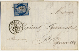 France - 1852 - Yv.4 25c Bleu Obl. Pc137 Sur LAC D'Arras à St-Quentin (timbre Défectueux) - 1849-1850 Ceres