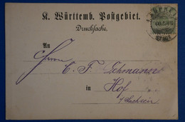 P22 WURTENBERG ALLEMAGNE BELLE CARTE 1883 LAUPHEIM POUR HOF + AFFRANCH. INTERESSANT - Cartas & Documentos