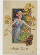 Carte Fantaisie  Gaufrée / Jeune Femme  , Fleurs , Papillon /  Amitié - Other