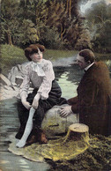 Série De 4 CPA Thème Couple Au Bord De L'eau - Oblitéré à Solessin En 1908 - Correspondance Frère Et Soeur - Couples