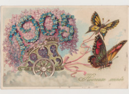 Carte Fantaisie Gaufrée/ Char De L'année 1905 Rempli De Fleurs Et Tiré Par 2 Papillons - Other