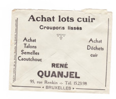 Enveloppe Publicitaire Des CCP - Chèques Postaux - Cuir, Caoutchouc René QUANJEL à Bruxelles  1933 (B295) - Pubblicitari