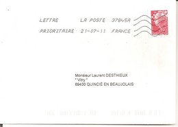Marianne De Beaujard Rouge Sur Lettre Rare. Roulette Pro. - Roulettes