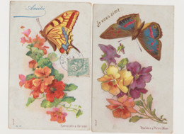2 Cartes Fantaisie Dessinées / Papillons ( Petit Mars ; Satyre) -fleurs( Pensées , Capucines) - Butterflies