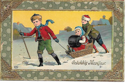 Children In Snow, Enfants Dans La Neige, Kinder Im Schnee, Sled, Traîneau, Schlitten - Golden Details - Año Nuevo