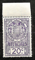 TIMBRES FISCAUX DE MONACO AFFICHES  N°10 20 Violet NEUF (**) Bord De Feuille Cote 35€ - Steuermarken