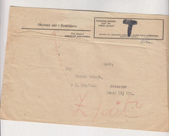 SLOVAKIA WW II BRATISLAVA 1939 Registered Official Cover To PRIEVOZ Returned Postage Due Nationalisation - Cartas & Documentos