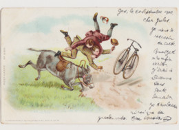 Carte Fantaisie Dessinée / Collision Entre Un Cavalier Et Sa Monture Et Un Cycliste - Unclassified