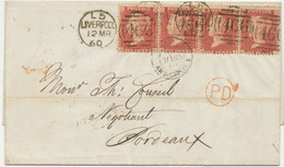 GB „466 / LIVERPOOL“ Duplex Postmark Superb Cover W. QV 1d Stars Strip Of Four (BG-BJ) Also Cancelled By French Transit - Lettres & Documents