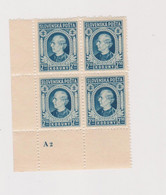 SLOVAKIA 1939 2.50 K Bloc Of 4 Plate Nr MNH - Nuovi