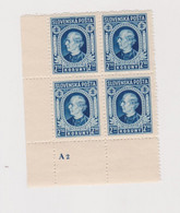 SLOVAKIA 1939 2.50 K Bloc Of 4 Plate Nr MNH - Nuovi