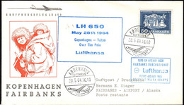 1964 Danimarca, Premier Vol Fist Flight Erstflug Lufthansa  Copenhagen - Fairbanks Alaska, Tokio Over The Pole - Storia Postale