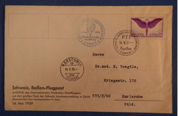 E8 SUISSE BELLE LETTRE 1939 POSTE AERIENNE BALLON ZURICH PAVILLON POUR KARLSRUHE +AFFRANCH. PLAISANT - Autres & Non Classés