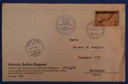 E8 SUISSE BELLE LETTRE 1939 POSTE AERIENNE ZURICH PAVILLON POUR KARLSRUHE SIGNEE AU DOS + ICARUS 2F - Andere & Zonder Classificatie