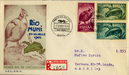 1964 RIO MUNI , SOBRE DE PRIMER DIA CIRCULADO , ED. 57 / 59 - DIA DEL SELLO , AVES , BIRDS - Rio Muni