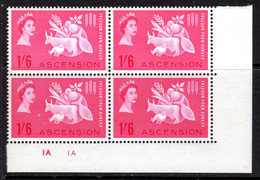 ASCENSION - 1963 QEII FFH FREEDOM FROM HUNGER STAMP IN CORNER MARGIN PLATE NO BLOCK OF 4 FINE MNH ** SG 84 X 4 - Ascension