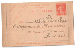 Carte Lettre Entier 10c Semeuse PAS CIRCULEE Adresse Destinataire Rédigée Paris Manuscrit Yv Storch E8 Mill 332 - Letter Cards