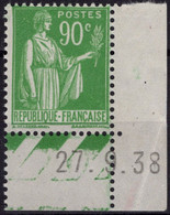 FRANCE  367 ** MNH Type Paix Et Branche Olivier Coin Daté 27. 9.38 Septembre 1938 - 1930-1939