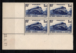 FRANCE 1937 - BLOC DE 4 TP / Y.T. N° 340 - COIN DE FEUILLE / DATE NEUFS** - 1930-1939