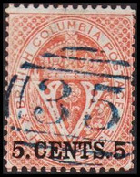 1869-1871. BRITISH COLUMBIA & VANCOUVER ISLAND. 5 CENTS 5 On V & Crown THREE CENTS. Perf. 14. Bluish Cance... - JF512556 - Gebraucht