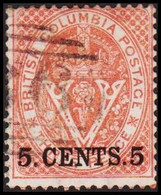 1869-1871. BRITISH COLUMBIA & VANCOUVER ISLAND. 5 CENTS 5 On V & Crown THREE CENTS. Perf. 14.  - JF512557 - Gebraucht