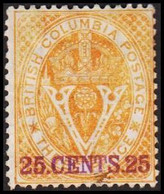 1869-1871. BRITISH COLUMBIA & VANCOUVER ISLAND. 25 CENTS 25 On V & Crown THREE CENTS. Perf. 14. Hinged. - JF512558 - Unused Stamps