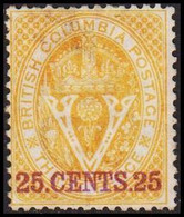 1869-1871. BRITISH COLUMBIA & VANCOUVER ISLAND. 25 CENTS 25 On V & Crown THREE CENTS. Perf. 14. Hinged. - JF512561 - Unused Stamps