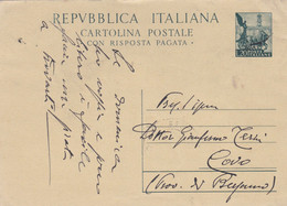 REPUBBLICA  - TORINO -  INTERO POSTALE L. 20 - DESTINATA PER  COVO ( BG) - Interi Postali