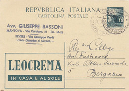 REPUBBLICA  - MANTOVA - AVV. GIUSEPPE BASSONI -  INTERO POSTALE L. 15 - VIAGGIATA PER BERGAMO - Interi Postali