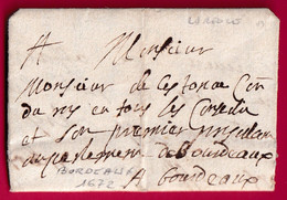 LETTRE DE LA REOLE GIRONDE 1672 POUR BORDEAUX LETTRE COVER FRANCE - ....-1700: Precursori