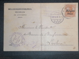 Mechelen Malines / OC13 Sur EP Vers Laken 1917 / Bureau De Bienfaisance / Pli Vertical - [OC1/25] Gov. Gen..