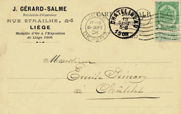 Carte Postale Avec Publicité Circulée En 1908 J.Gérard - Salme Naturaliste-Préparateur Rue Strailhe à Liège - Liege
