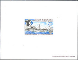 F.S.A.T.(1974) Ship Delivering Mail. Deluxe Sheet. 25th Anniversary Of Postal Service. Scott No 57, Yvert No 54. - Ongetande, Proeven & Plaatfouten