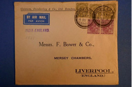 491 INDE BELLE LETTRE 1937 BOMBAY PAR AVION A LIVERPOOL + AFFRANCHISSEMENT PLAISANT 2 PAIRES CACHET INDIA -ENGLAND - 1911-35 Roi Georges V