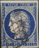 FRANCE N°4h Cérès 25c Bleu Noir. Oblitéré Grille. Côte 260 Euros - 1849-1850 Cérès