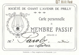 VAUD PRILLY - SOCIETE DE CHANT L'AVENIR - CARTE DE MEMBRE PASSIF 1912 - Prilly