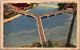 Ohio Zanesville Famous Y Bridge From The Air 1948 Curteich - Zanesville