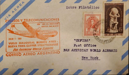 P) 1958 ARGENTINA, FIRST FLIGHT FROM BUENOS AIRES TO NEW YORK, GENERAL MARTÍN-ATLAS STATUE STAMPS, XF - Otros & Sin Clasificación