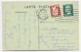 FRANCE PASTEUR 45C+15C CARTE NANCY 21.VII.1925 POUR BELGRADE YOUGOSLAVIE  AU TARIF - 1922-26 Pasteur