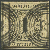 BADEN 1a O, 1851, 1 Kr. Schwarz Auf Sämisch, Nummernstempel 43 (FREIBURG), Allseits Voll-überrandig, Kabinett, Fotoattes - Baden