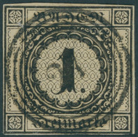 BADEN 1a O, 1851, 1 Kr. Schwarz Auf Sämisch, Zentrischer Nummernstempel 27, Untere Linke Ecke Etwas Hell Sonst Vollrandi - Baden