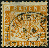 BADEN 22a O, 1862, 30 Kr. Lebhaftgelborange, Große Falzhelle Stelle, Feinst, Signiert H. Krause, Mi. 3200.- - Baden