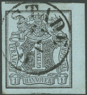 HANNOVER 1 O, 1850, 1 Ggr. Schwarz Auf Graublau, Rechtes Randstück, K1 STADE, Kabinett - Hanover