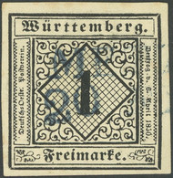 WÜRTTEMBERG 1a O, 1851, 1 Kr. Schwarz Auf Hellsämisch, Blauer L2, Kabinett - Other & Unclassified