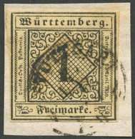 WÜRTTEMBERG 1yb BrfStk, 1851, 1 Kr. Schwarz Auf Mittelgraugelbem Seidenpapier, Prachtbriefstück, Gepr. U.a. Thoma Und Ku - Other & Unclassified